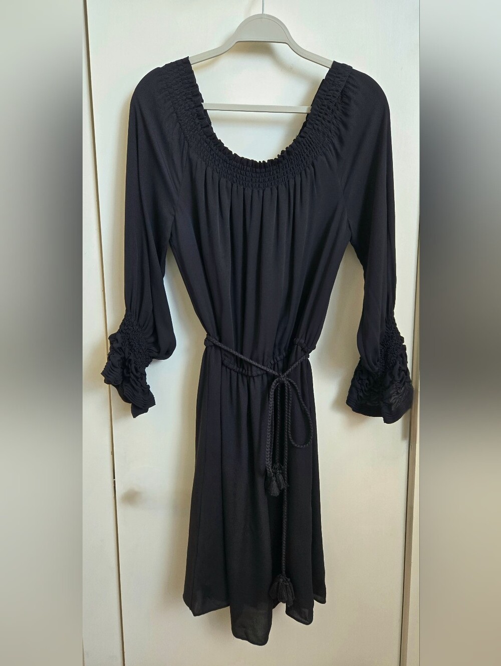 Kobi Halperin Black 100% Silk Off The Shoulder Josephine Smocked Dress